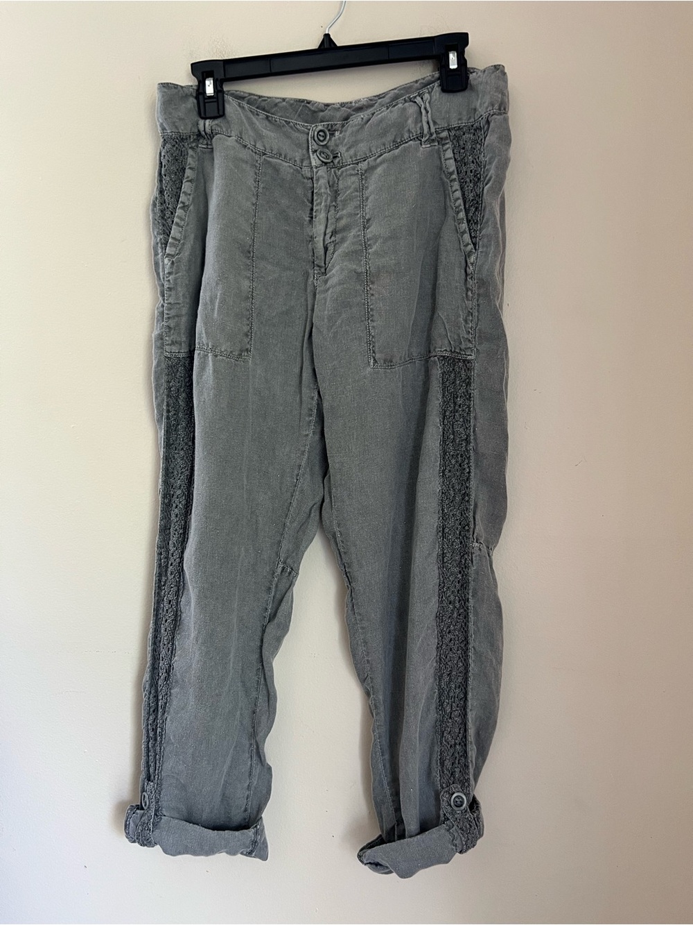 Sundance 100% Linen Pants Women’s 6 Gray Lightweight Lace Stripe Roll Tab Leg